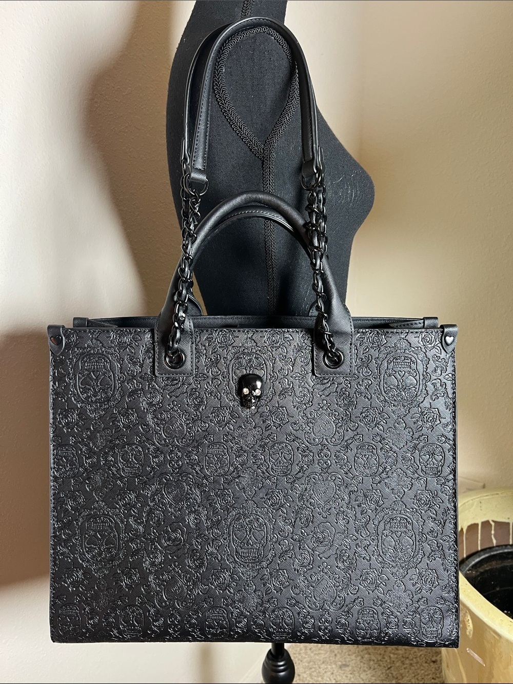 Betsy Johnson Women’s Embossed Skulls Roses Large Black Vegan Leather Briefcase